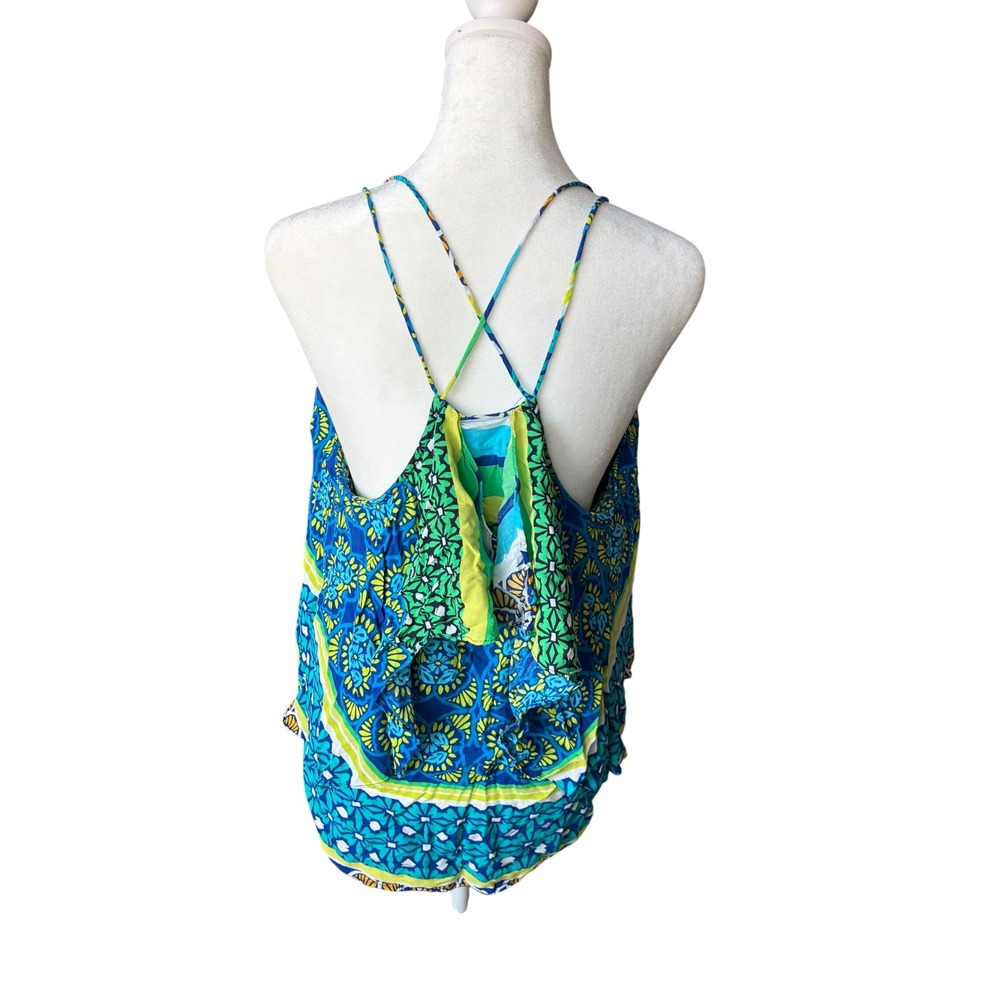 Stylus Womens Large Blue Green Geometric Medallion Crossback Cami Tank Top - Picture 2 of 7
